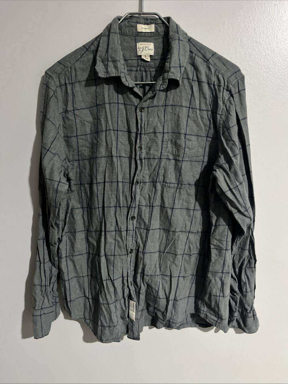 J Crew Shirt Mens Large Gray Windowpane Plaid Button Up Brushed Twill Preppy
